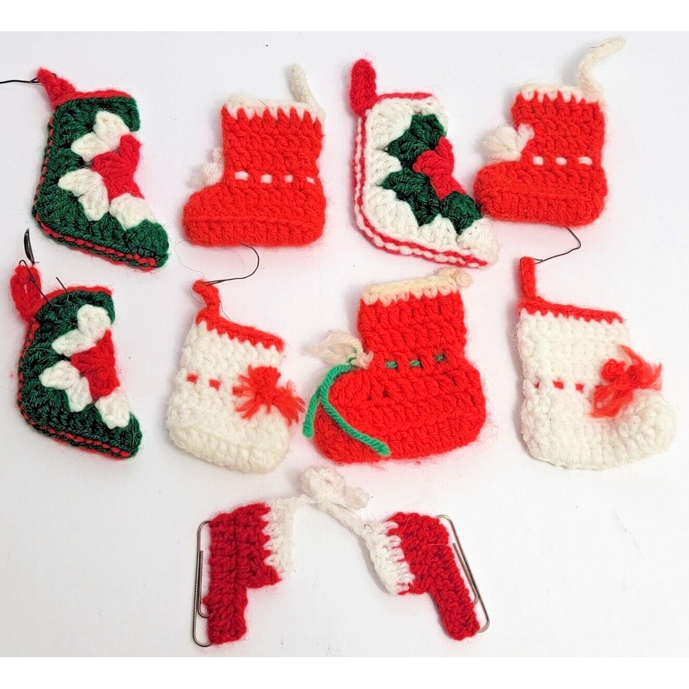 Vintage Lot 10 Christmas Crochet Yarn  Mini Boot Stocking Candy Cane Ornament